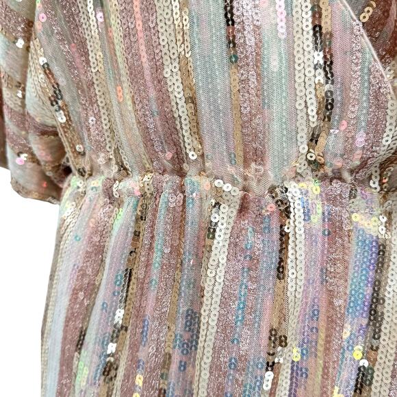 Karlie Sequin Gold Glitter Stripe Faux Wrap V-neck Mini Party Dress - Picture 13 of 16